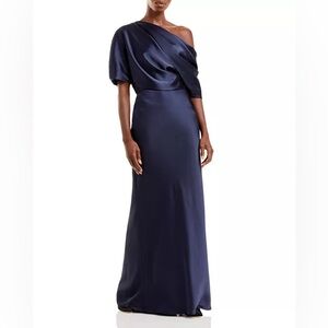 Amsale x Bloomingdale’s Draped Satin One Shoulder Dress in Navy